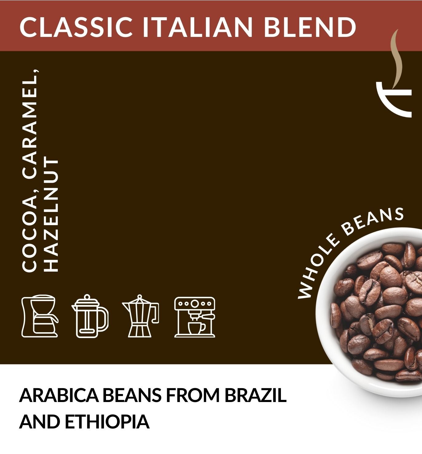 Classic Italian Blend whole coffee beans with cocoa caramel and hazelnut notes