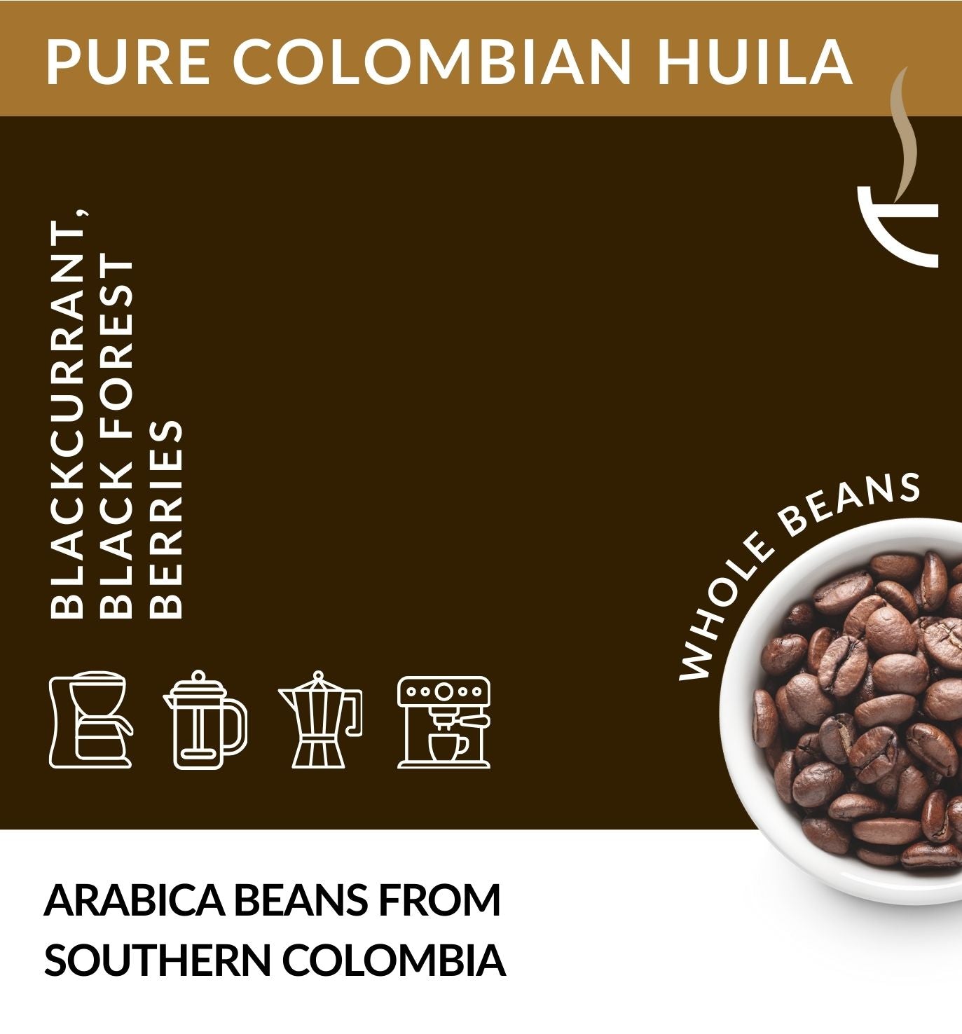 Pure Colombian Huila coffee beans with blackcurrant and forest fruit sweetness